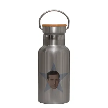 michael the office star, Μεταλλικό παγούρι θερμός (Stainless steel) Ασημένιο με ξύλινο καπακι (bamboo), διπλού τοιχώματος, 350ml
