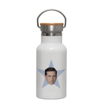 michael the office star, Metallic thermos (Stainless steel) White with wooden lid (bamboo), double-walled, 350ml