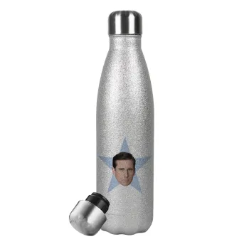 michael the office star, Μεταλλικό παγούρι θερμός Glitter Aσημένιο (Stainless steel), διπλού τοιχώματος, 500ml