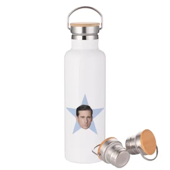 michael the office star, Μεταλλικό παγούρι θερμός (Stainless steel) Λευκό με ξύλινο καπάκι (bamboo), διπλού τοιχώματος, 750ml