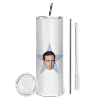 michael the office star, Tumbler ποτήρι θερμό από ανοξείδωτο ατσάλι 600ml, με μεταλλικό καλαμάκι & βούρτσα καθαρισμού