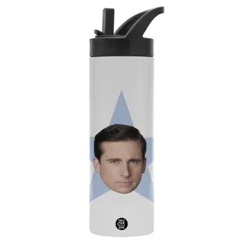 michael the office star, Μεταλλικό παγούρι θερμός με καλαμάκι & χειρολαβή, ανοξείδωτο ατσάλι (Stainless steel 304), διπλού τοιχώματος, 600ml