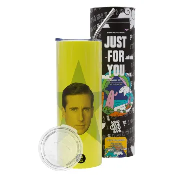 michael the office star, Neon Yellow Travel Tumbler θερμό, μεταλλικό καλαμάκι(Ανωξείδωτο 304 Food grade, BPA free, 600ml)