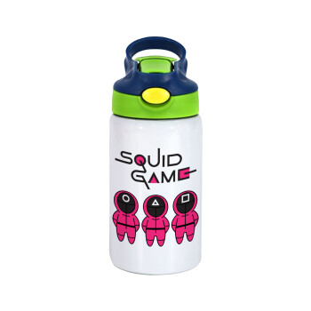 The squid game characters, Children's hot water bottle, stainless steel, with safety straw, green, blue (350ml)