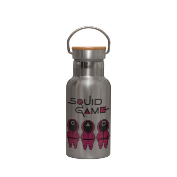 The squid game characters, Stainless steel metallic thermos flask, silver with a bamboo lid, double-walled, 350ml.