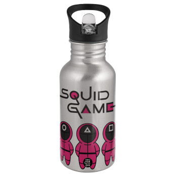 The squid game characters, Water bottle Silver with straw, stainless steel 500ml