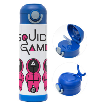 The squid game characters, Children's hot water bottle, stainless steel, with safety straw, BLUE (500ml)