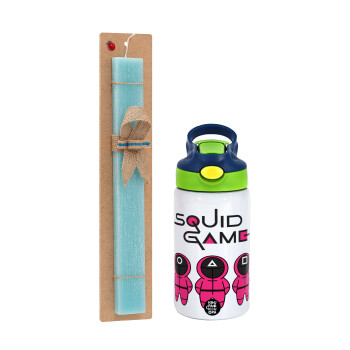 The squid game characters, Easter Set, Children's thermal stainless steel bottle with safety straw, green/blue (350ml) & aromatic flat Easter candle (30cm) (TURQUOISE)