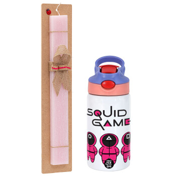 The squid game characters, Easter Set, Children's thermal stainless steel water bottle with safety straw, pink/purple (350ml) & Easter scented flat candle (30cm) (PINK)