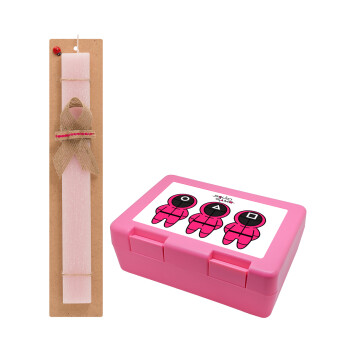 The squid game characters, Easter Set, children's snack container PINK & scented flat Easter candle (30cm) (PINK)