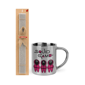 The squid game characters, Easter Set, metallic thermal cup (300ml) & Easter aromatic flat candle (30cm) (GRAY)