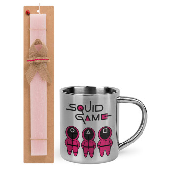 The squid game characters, Easter Set, metallic thermal cup (300ml) & aromatic flat Easter candle (30cm) (PINK)