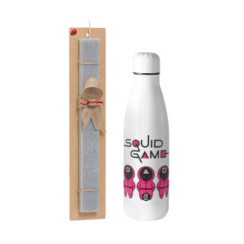 The squid game characters, Easter Set, metallic stainless thermos bottle (500ml) & scented flat Easter candle (30cm) (GRAY)
