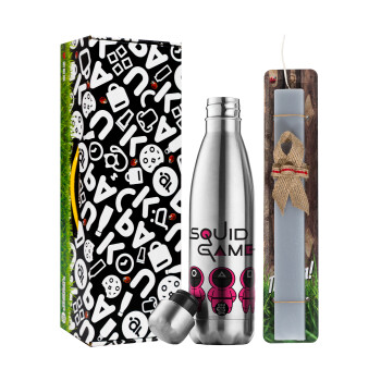 The squid game characters, Easter Set, metallic stainless thermos flask (500ml) & scented flat Easter candle (30cm) (GRAY)