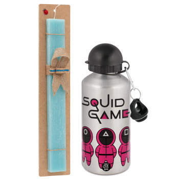 The squid game characters, Easter Set, metallic silver aluminum water bottle (500ml) & scented flat Easter candle (30cm) (TURQUOISE)