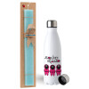 Easter Set, metallic stainless steel water bottle (750ml) & aromatic flat Easter candle (30cm) (TURQUOISE)