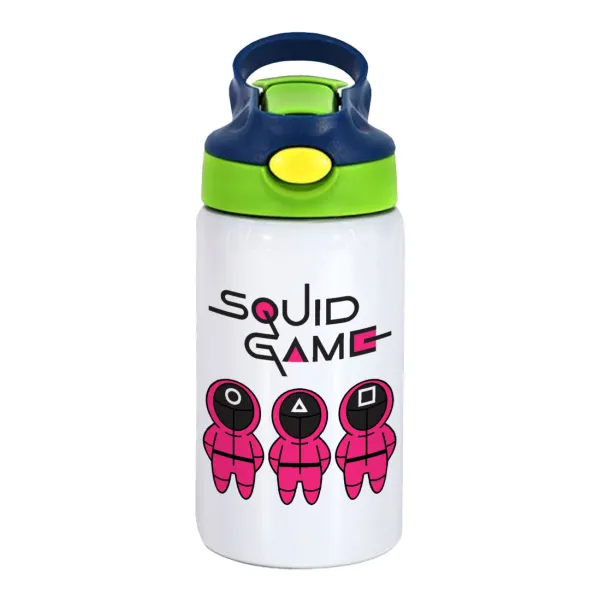 The squid game characters — Children's hot water bottle, stainless steel, with safety straw, green, blue (350ml)