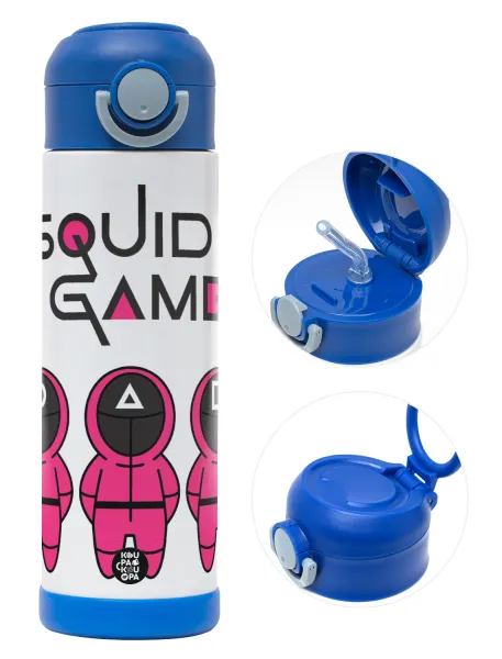 The squid game characters — Children's hot water bottle, stainless steel, with safety straw, BLUE (500ml)