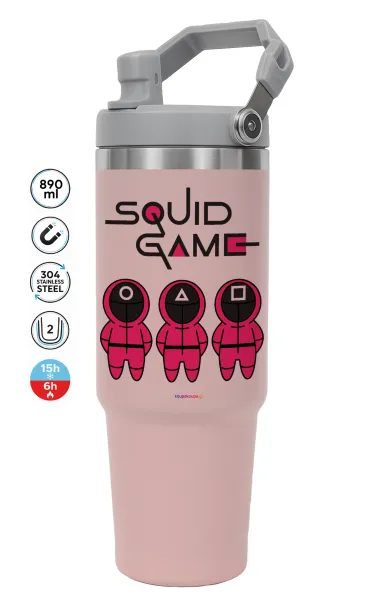 Το παιχνίδι του καλαμαριού — ΡΟΖ Travel Tumbler Θερμός με χερούλι και καλαμάκι 890ml