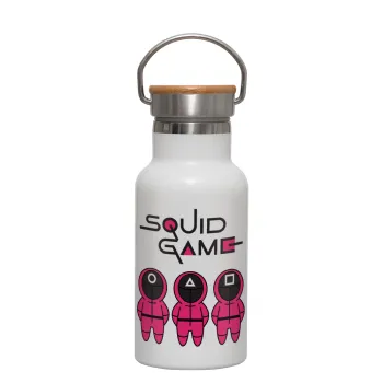 The squid game characters, Metallic thermos (Stainless steel) White with wooden lid (bamboo), double-walled, 350ml