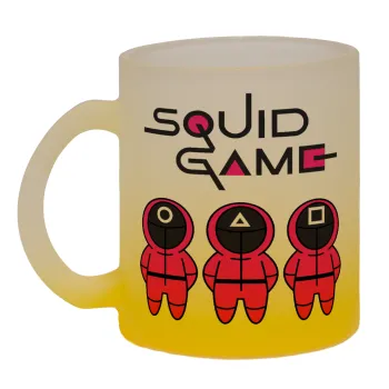 The squid game characters, Κούπα γυάλινη δίχρωμη με βάση το κίτρινο ματ, 330ml