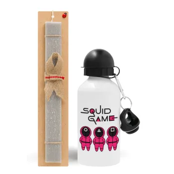 The squid game characters, Easter Set, metallic aluminum water bottle (500ml) & aromatic flat Easter candle (30cm) (GRAY)