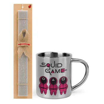 The squid game characters, Easter Set, metallic thermal cup (300ml) & Easter aromatic flat candle (30cm) (GRAY)
