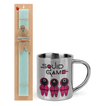 The squid game characters, Easter Set, metallic thermal cup (300ml) & aromatic flat Easter candle (30cm) (TURQUOISE)