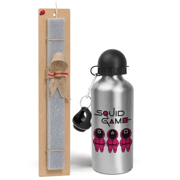 The squid game characters, Easter Set, metallic silver aluminum water bottle (500ml) & aromatic flat Easter candle (30cm) (GRAY)