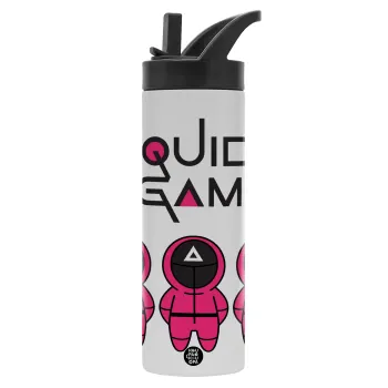 Το παιχνίδι του καλαμαριού, Μεταλλικό παγούρι θερμός με καλαμάκι & χειρολαβή, ανοξείδωτο ατσάλι (Stainless steel 304), διπλού τοιχώματος, 600ml