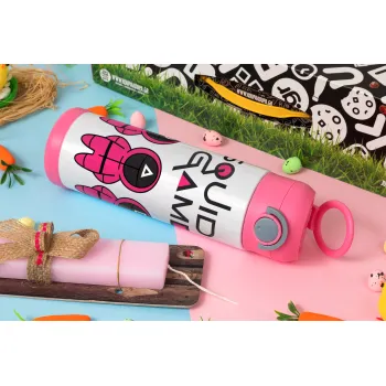 The squid game characters, Easter candle, Childrens hot water bottle, stainless steel, with safety straw, PINK (500ml)