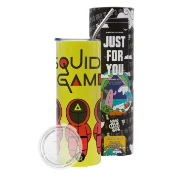 Το παιχνίδι του καλαμαριού, Neon Yellow Travel Tumbler θερμό, μεταλλικό καλαμάκι(Ανωξείδωτο 304 Food grade, BPA free, 600ml)