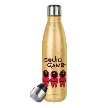 The squid game characters, Glitter gold stainless steel thermos bottle, double-walled, 500ml