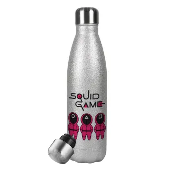 The squid game characters, Metallic Glitter Silver Thermos Flask (Stainless steel), double-walled, 500ml