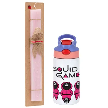 The squid game characters, Easter Set, Children's thermal stainless steel water bottle with safety straw, pink/purple (350ml) & Easter scented flat candle (30cm) (PINK)