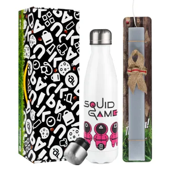 The squid game characters, Easter candle, metallic white thermos bottle (500ml) & aromatic flat candle (30cm) (GRAY)