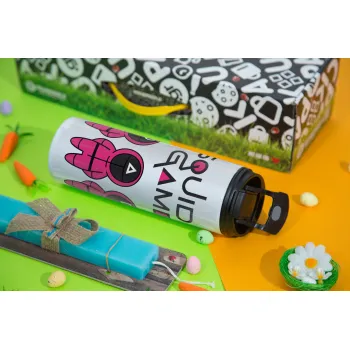 The squid game characters, Easter candle,Travel Tumbler 2 Lids, with metal straw & cleaning brush & aromatic flat candle (30cm) (BLUE)