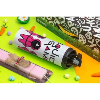The squid game characters, Easter candle,Travel Tumbler 2 Lids, with metal straw & cleaning brush & aromatic flat candle (30cm) (PINK)
