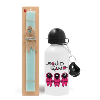 The squid game characters, Easter Set, metallic aluminum water bottle (500ml) & scented flat candle (30cm) (TURQUOISE)