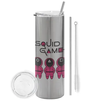 Το παιχνίδι του καλαμαριού, Tumbler ποτήρι θερμό Ασημένιο από ανοξείδωτο ατσάλι 600ml, με μεταλλικό καλαμάκι & βούρτσα καθαρισμού