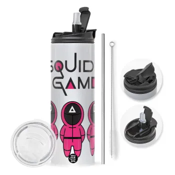 Το παιχνίδι του καλαμαριού, Travel Tumbler θερμό με διπλό καπάκι, μεταλλικό καλαμάκι και βούρτσα καθαρισμού (Ανωξείδωτο 304 Food grade, BPA free, 600ml)