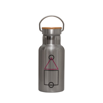 The squid game ojingeo, Stainless steel metallic thermos flask, silver with a bamboo lid, double-walled, 350ml.