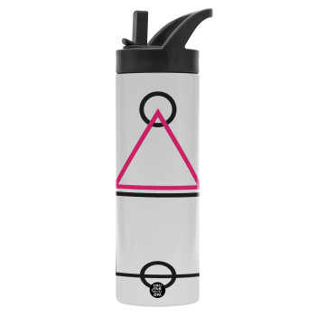 The squid game ojingeo, Metallic thermos bottle with straw & handle, stainless steel (Stainless steel 304), double-walled, 600ml.