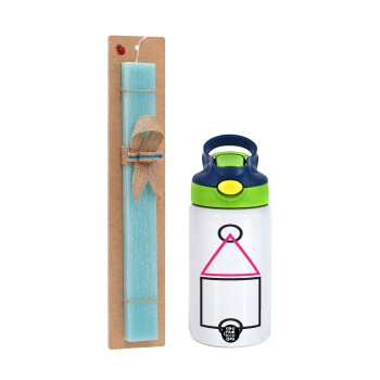 The squid game ojingeo, Easter Set, Children's thermal stainless steel bottle with safety straw, green/blue (350ml) & aromatic flat Easter candle (30cm) (TURQUOISE)