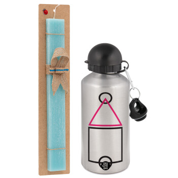 The squid game ojingeo, Easter Set, metallic silver aluminum water bottle (500ml) & scented flat Easter candle (30cm) (TURQUOISE)