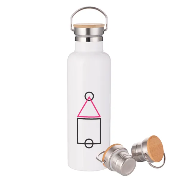 The squid game ojingeo — Μεταλλικό παγούρι θερμός (Stainless steel) Λευκό με ξύλινο καπάκι (bamboo), διπλού τοιχώματος, 750ml