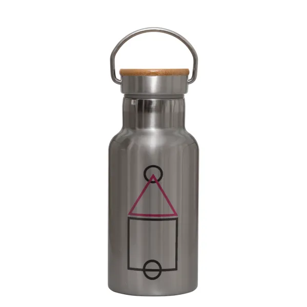 The squid game ojingeo — Stainless steel metallic thermos flask, silver with a bamboo lid, double-walled, 350ml.