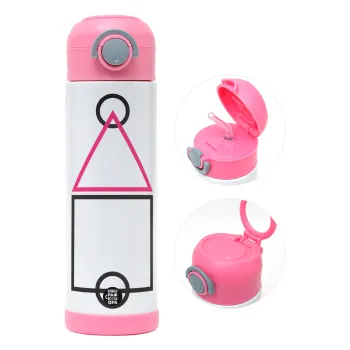 The squid game ojingeo, Children's hot water bottle, stainless steel, with safety straw, PINK (500ml)