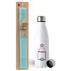 Easter Set, metallic stainless steel water bottle (750ml) & aromatic flat Easter candle (30cm) (TURQUOISE)