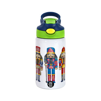 Christmas Nutcrackers, Children's hot water bottle, stainless steel, with safety straw, green, blue (350ml)